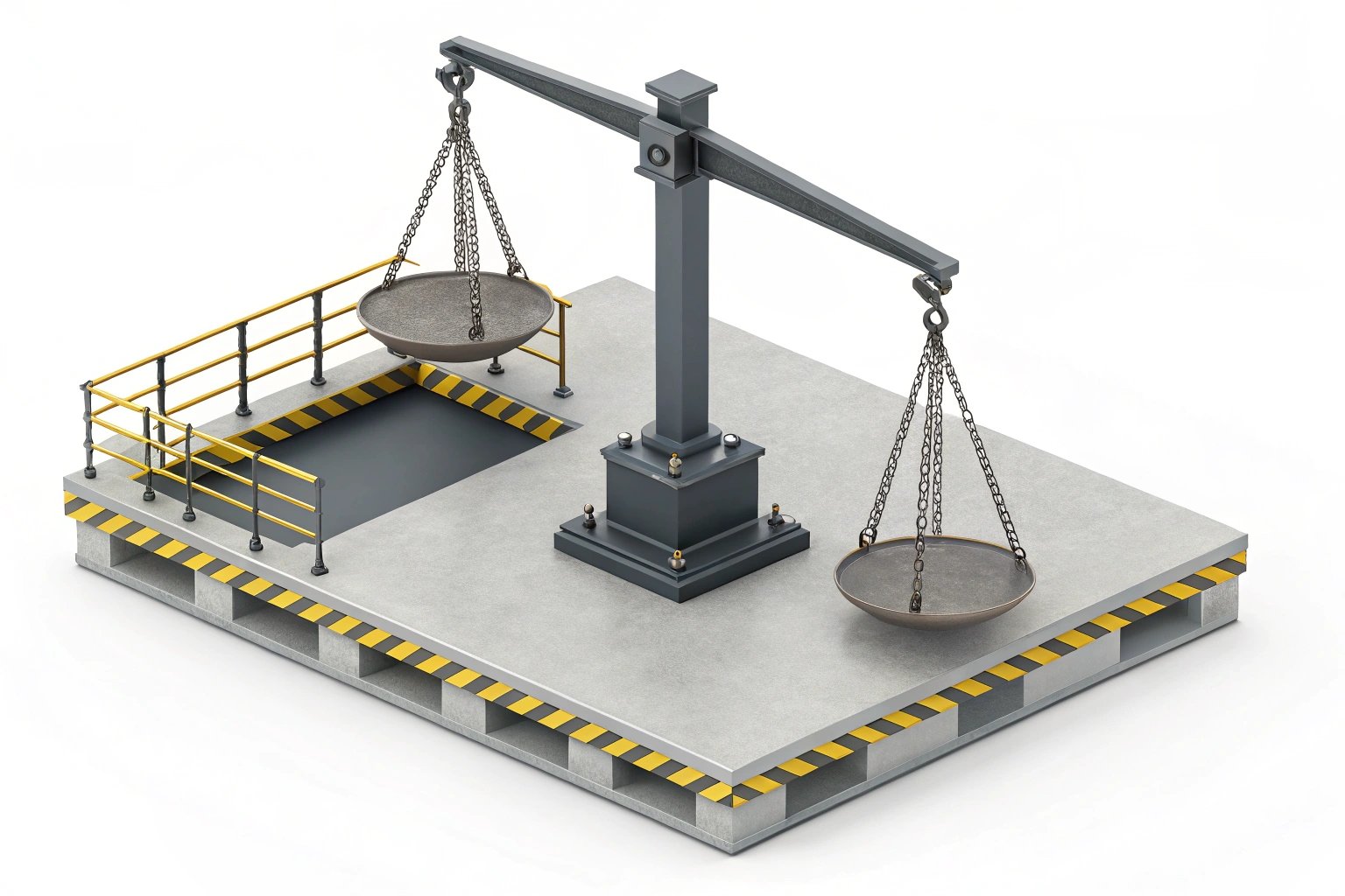 Industrial platform scale with safety rails, suspended pans, 3D render