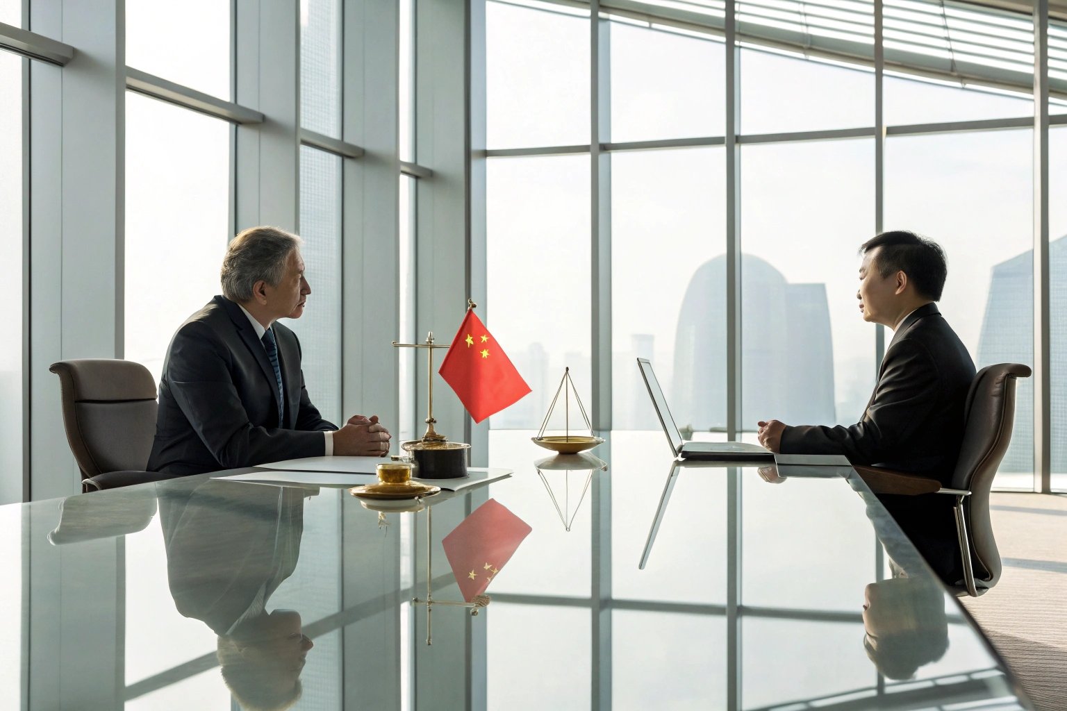 Executives negotiating cross-border deal, Chinese flag and scales on table