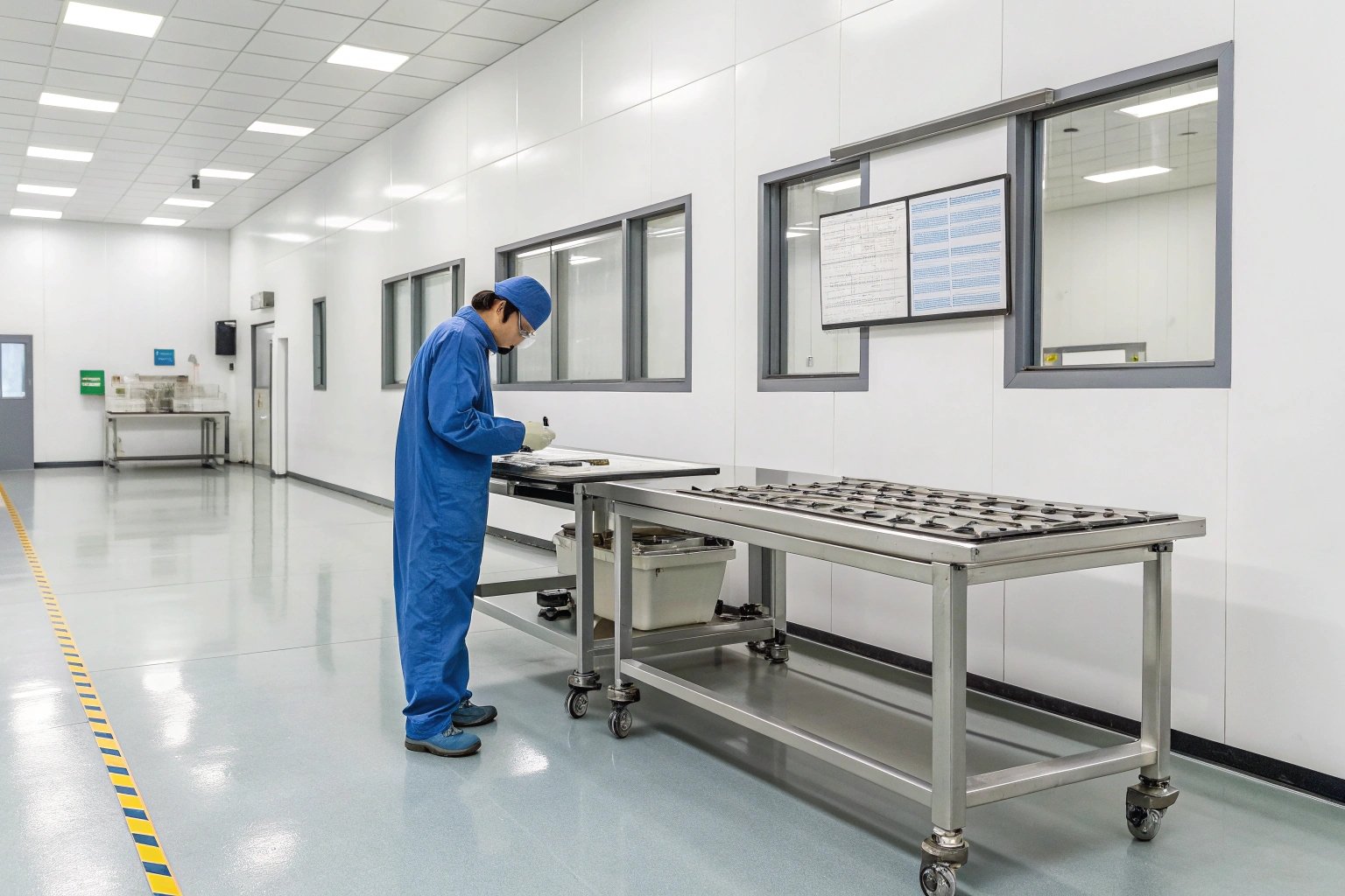 Quality inspector documenting measurements in sterile cleanroom with stainless worktable