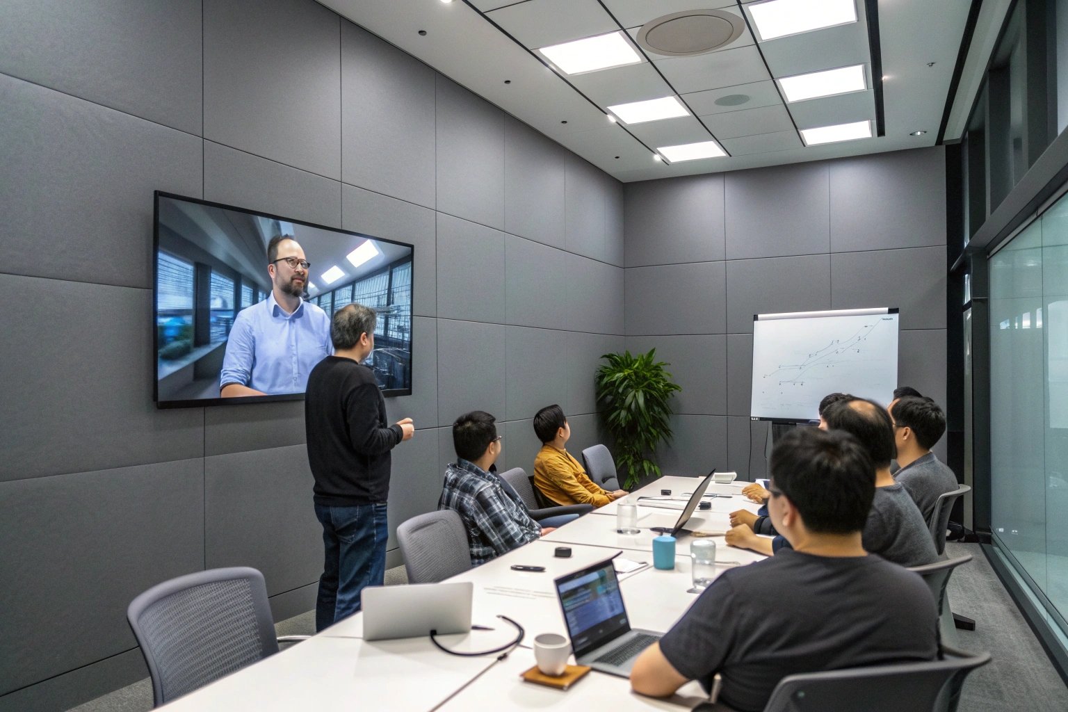 Hybrid engineering meeting with remote presenter and data review in modern conference room.