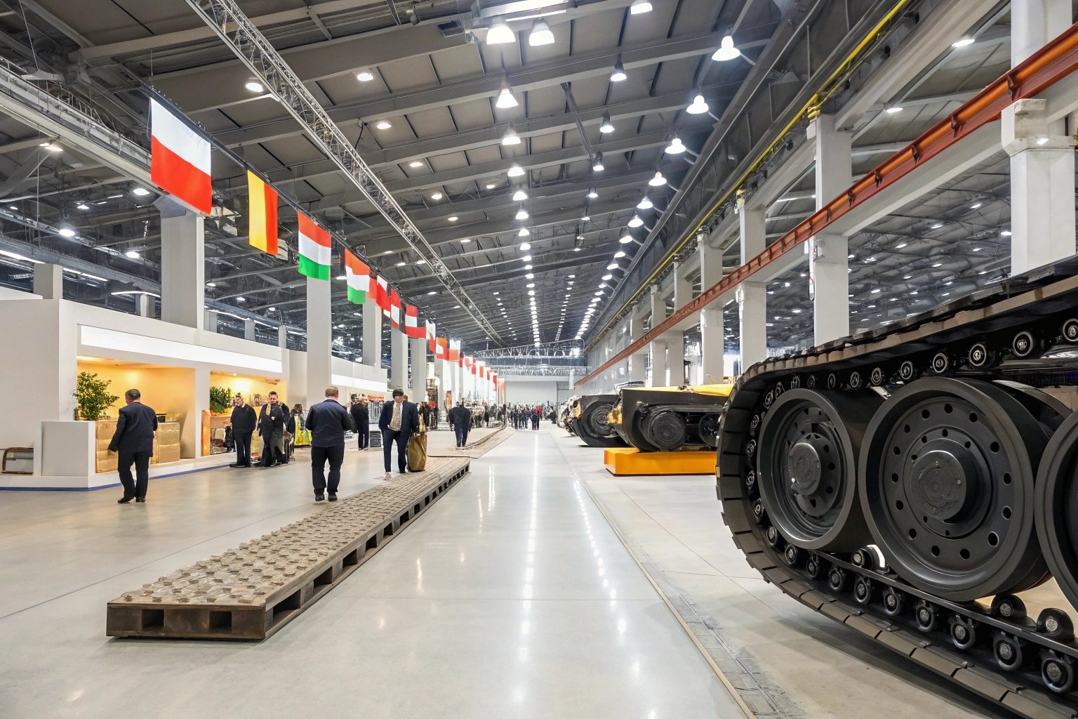 Heavy equipment expo displaying crawler undercarriages and track systems.