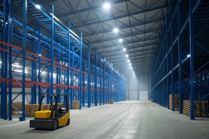 Dimly lit warehouse with forklift