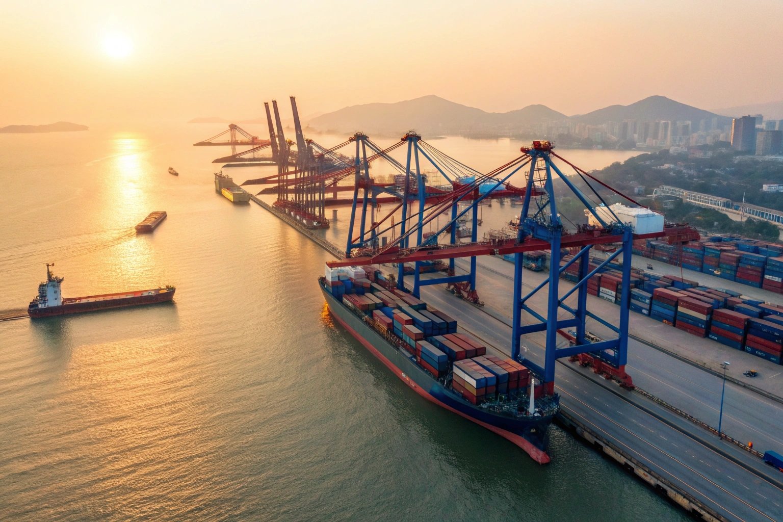 Container ships docked at busy port terminal with cranes at sunset