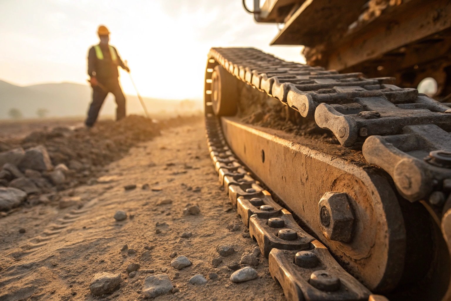 Excavator track close-up on construction site
