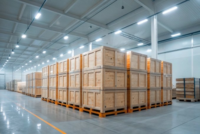 Storage room filled with wooden crates