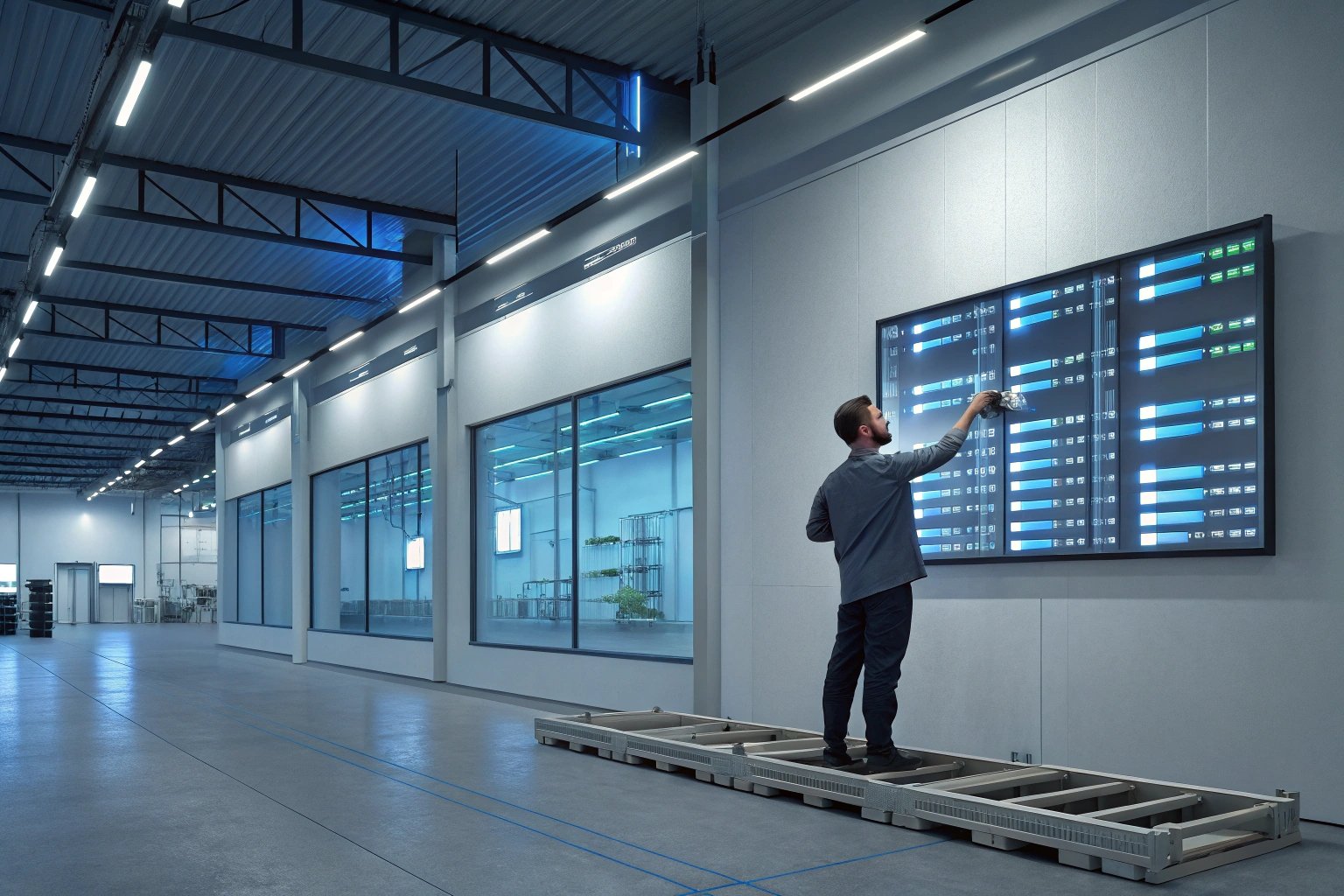 Employee interacting with digital control panel in tech facility