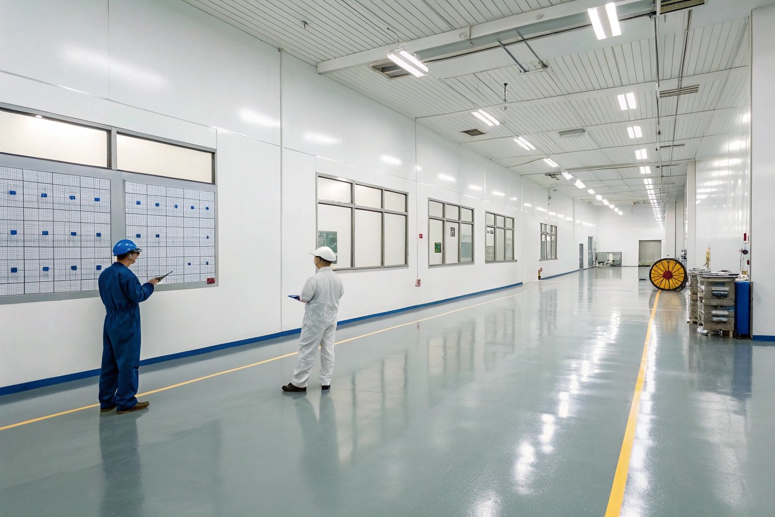 Clean, organized facility with workers examining production data and efficiency.