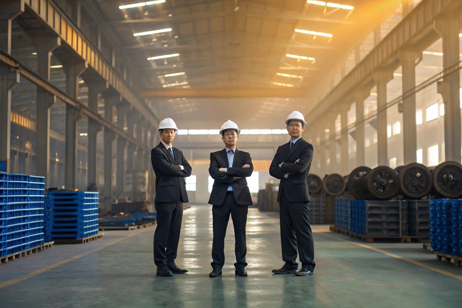 Warehouse Leadership Three executives in suits and safety helmets standing in industrial warehouse