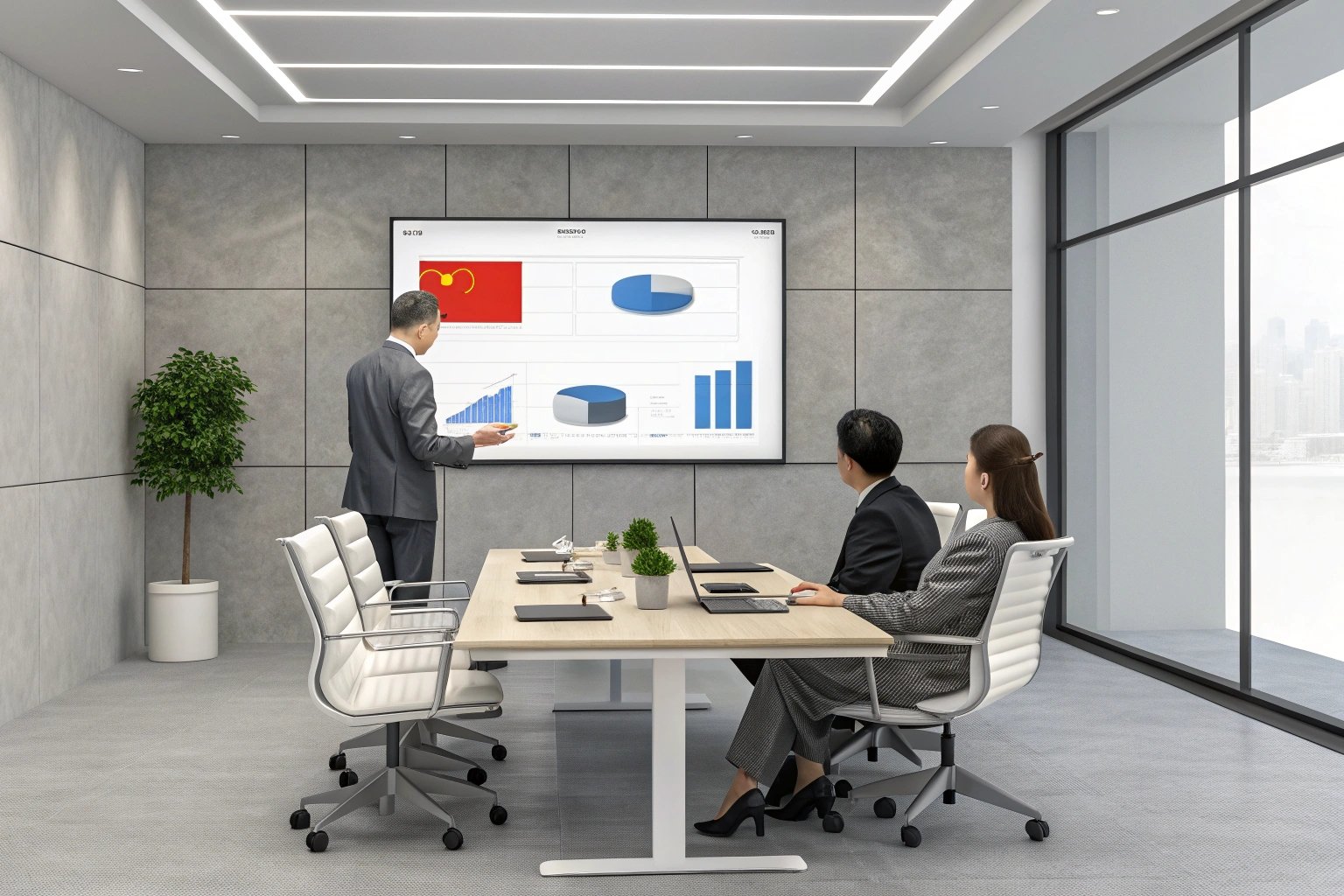 Office meeting featuring presentation of data charts on the digital screen