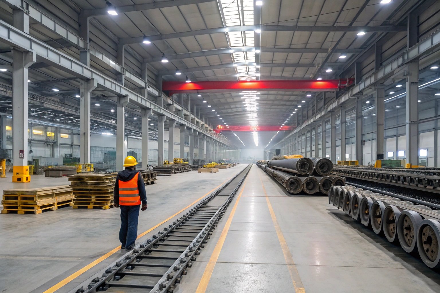 Industrial Warehouse Walkthrough Worker in large industrial warehouse with machinery components.