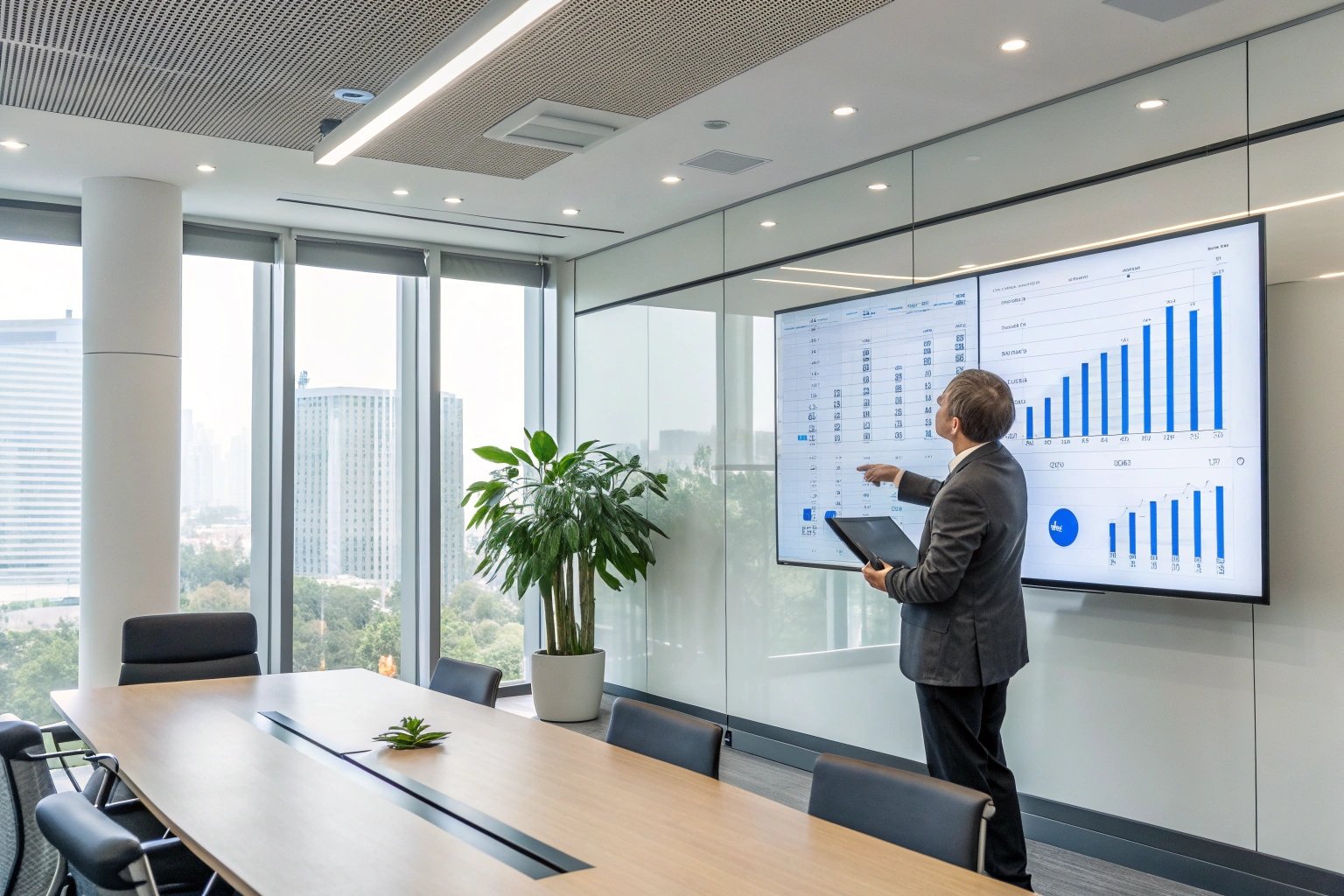 Conference room presentation of business analytics on large digital screens.