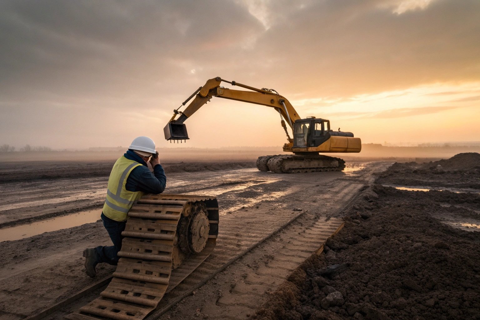 Construction site with excavator at sunset monitored by engineer.