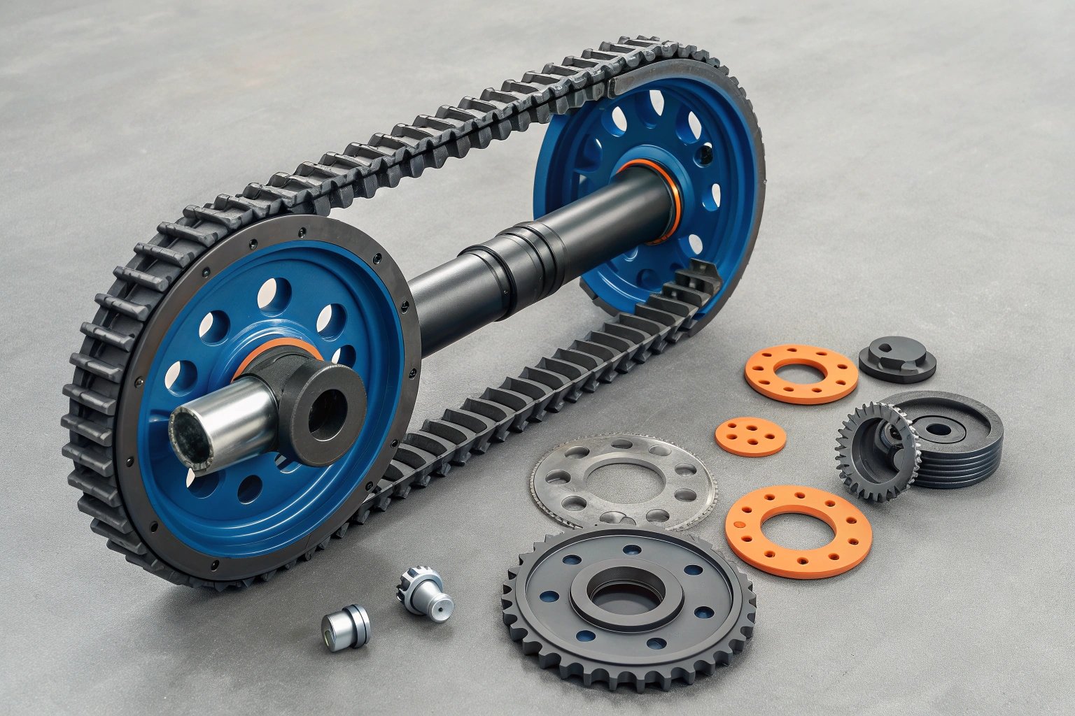 Mechanical Assembly Mechanical parts including gears, tracks, and shafts on a workshop table.