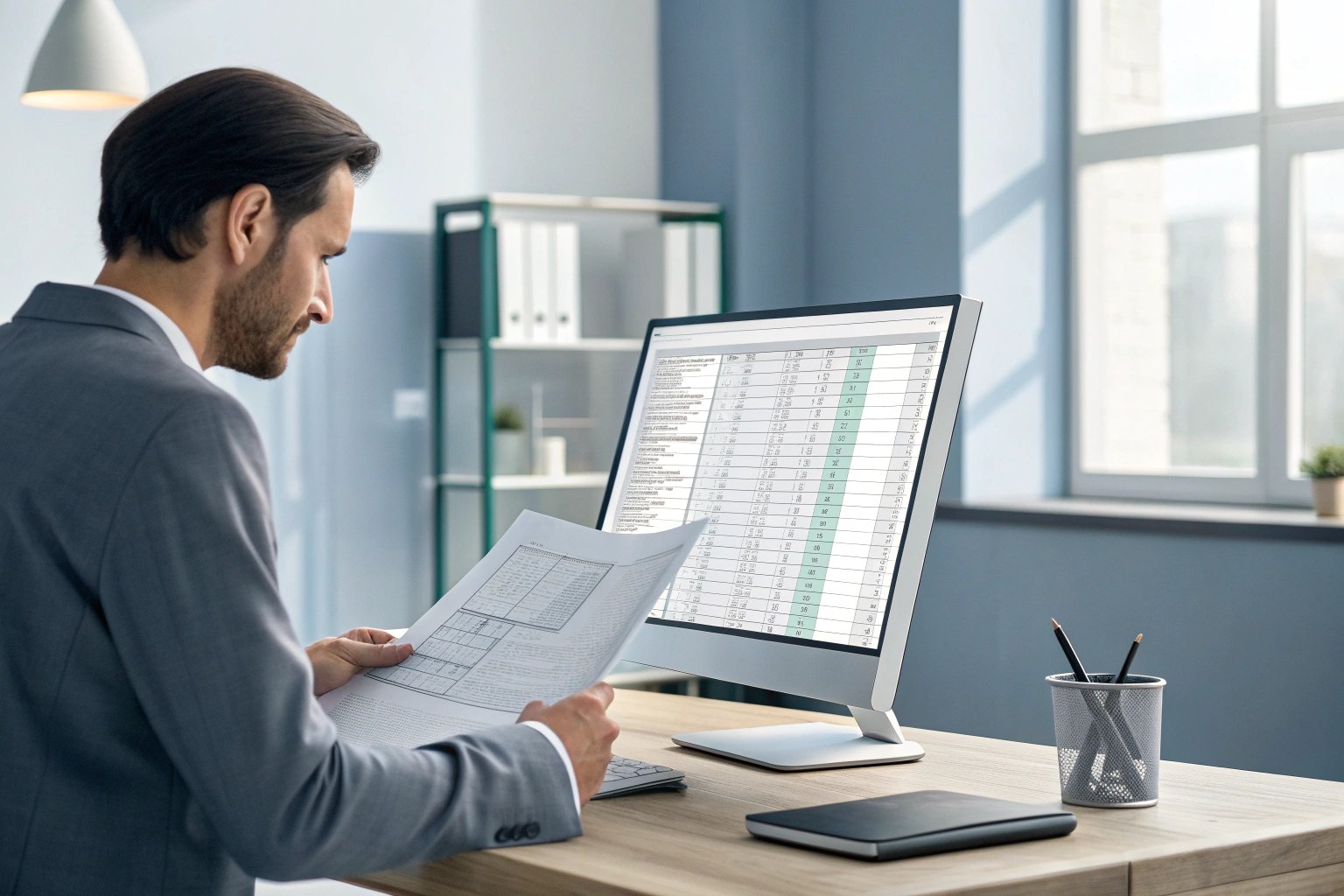 Professional analyzing spreadsheets on computer in modern office workspace.