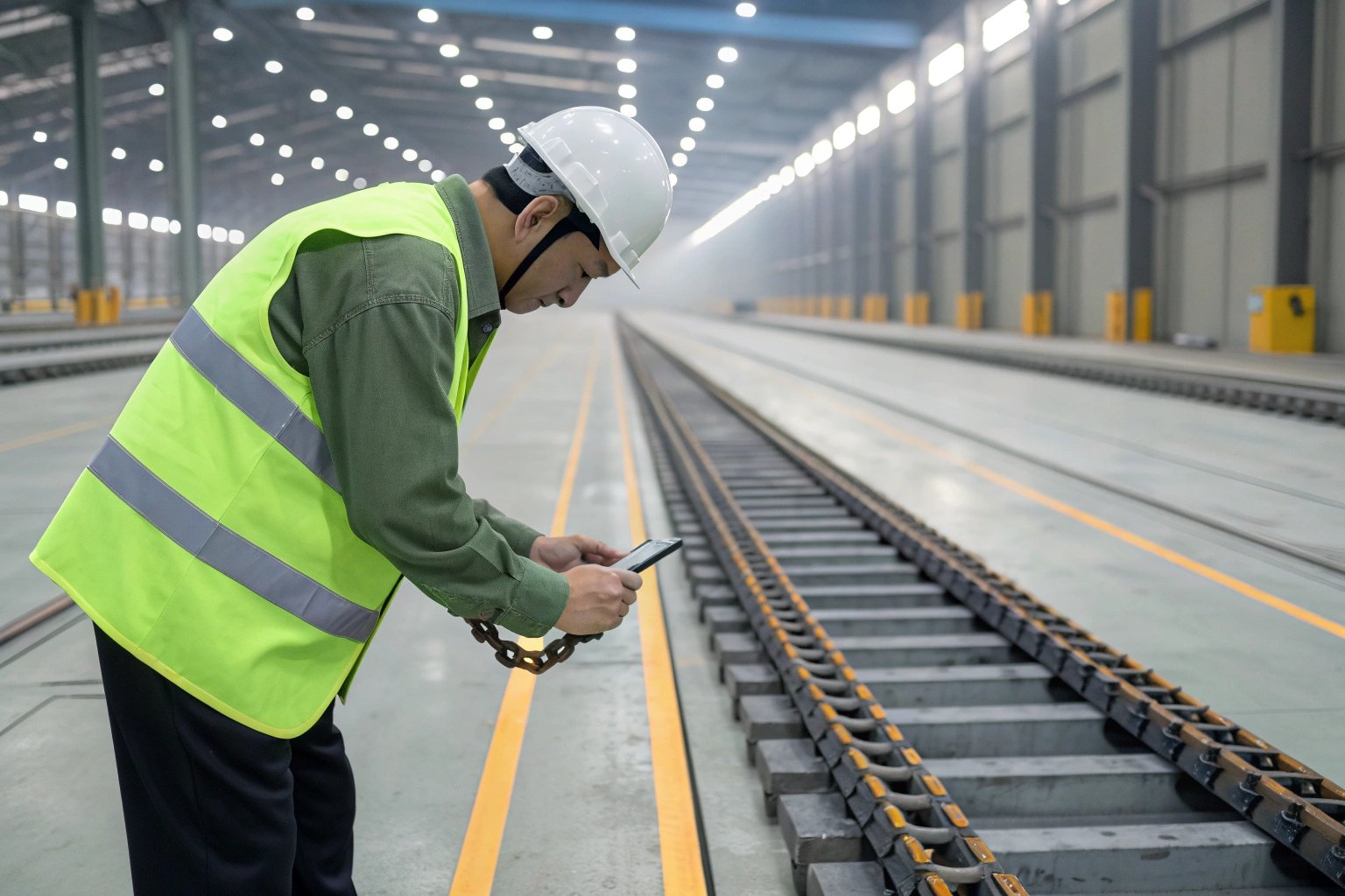 Track Inspection Inspector checking railway tracks in large facility