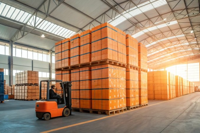 Forklift transporting stacked goods in warehouse