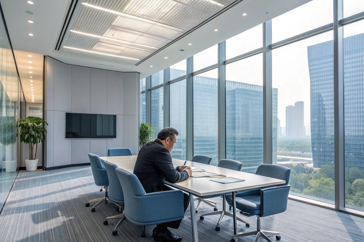 Conference Room Businessman working alone in a large meeting room with panoramic windows.