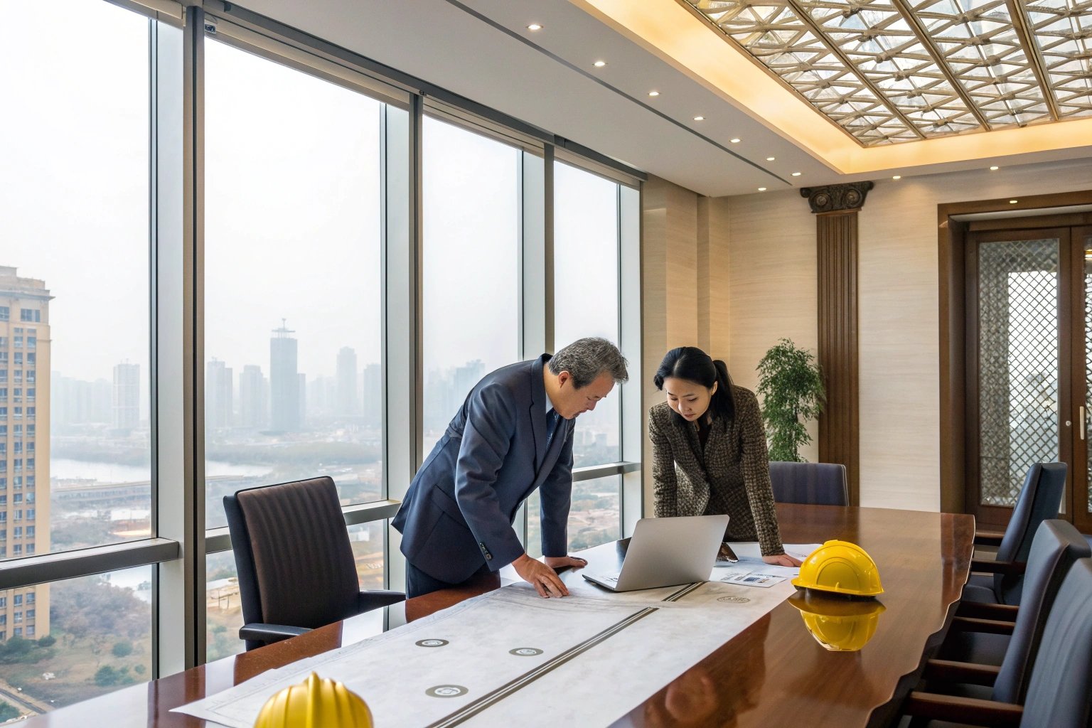 Two executives reviewing architectural plans in a luxurious conference room.