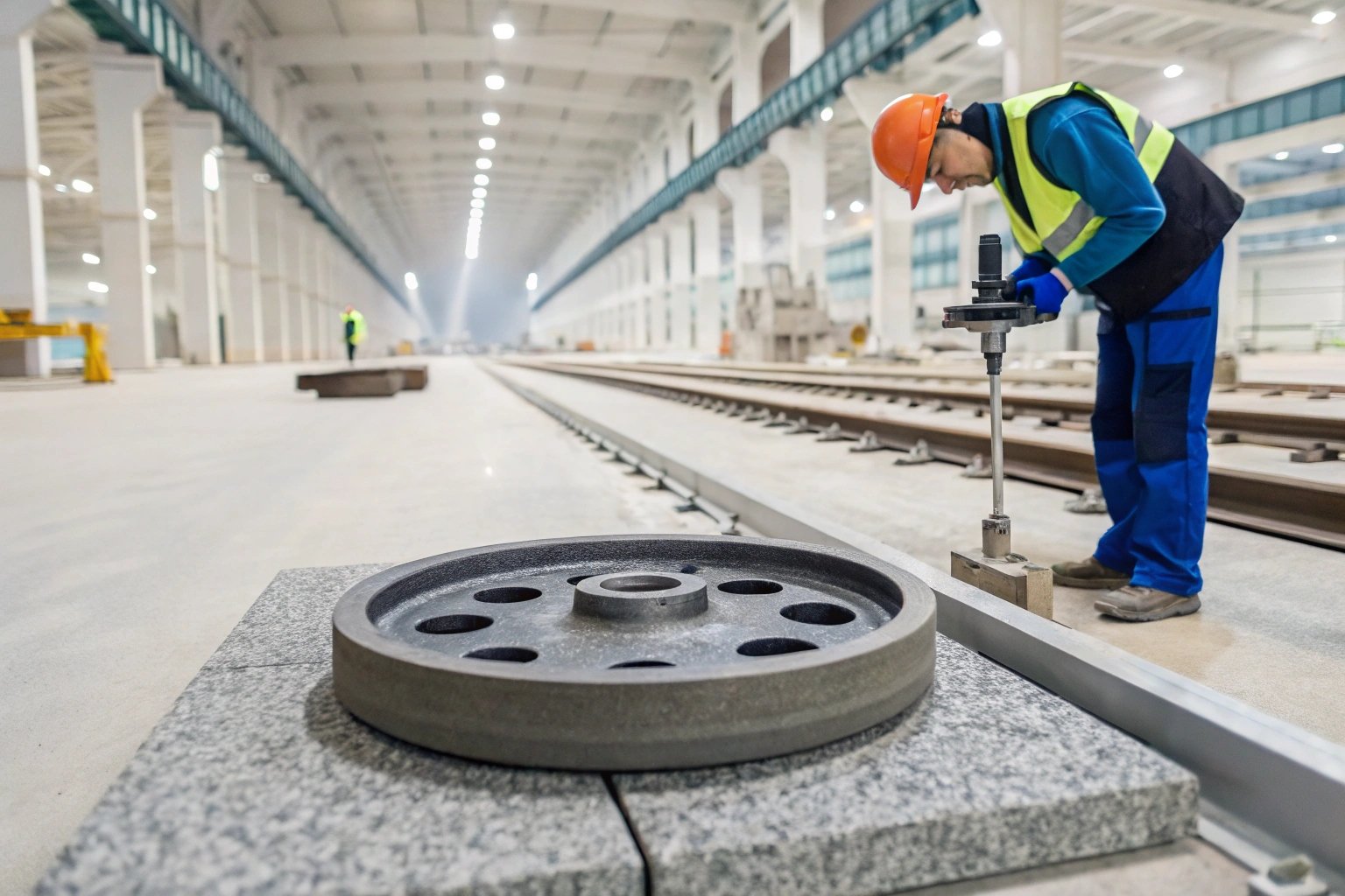 Engineer using measurement tool near large gears in warehouse.