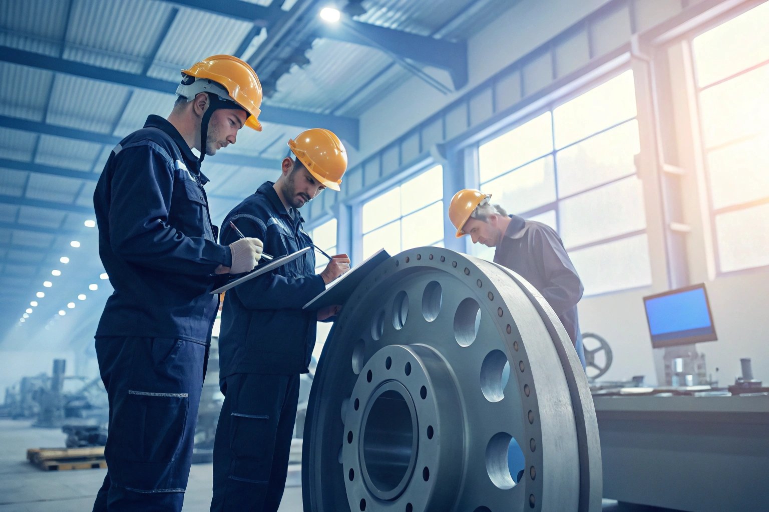 Part Inspection Team of engineers inspecting a large mechanical part in a well-lit factory environment.