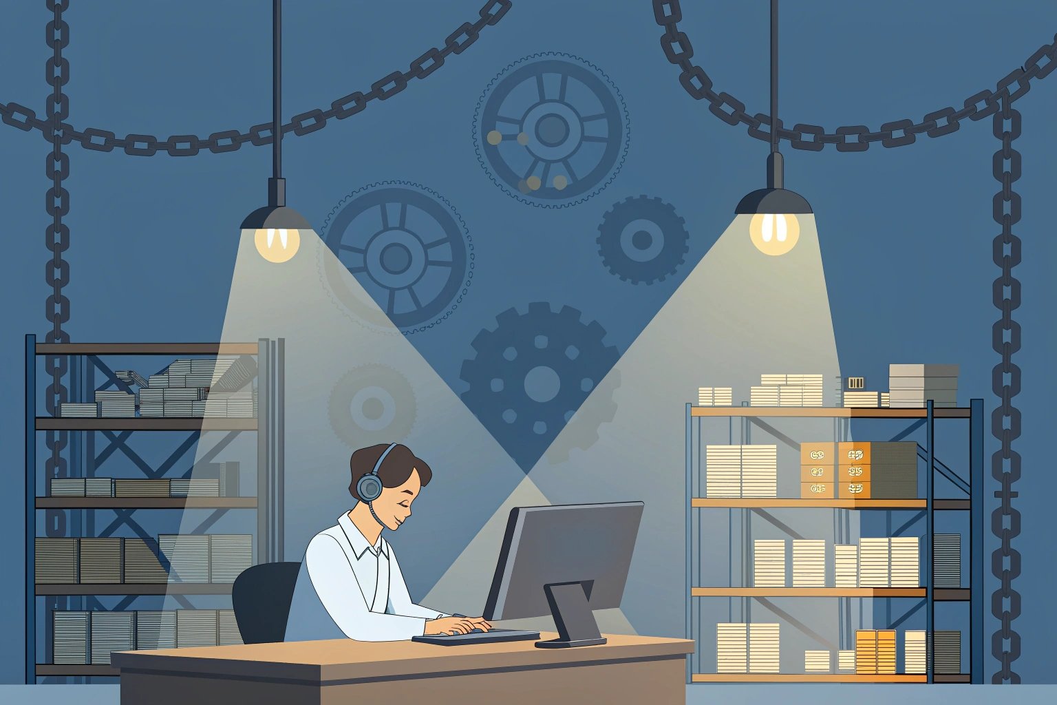 Illustrated office worker with headphones in modern warehouse setting