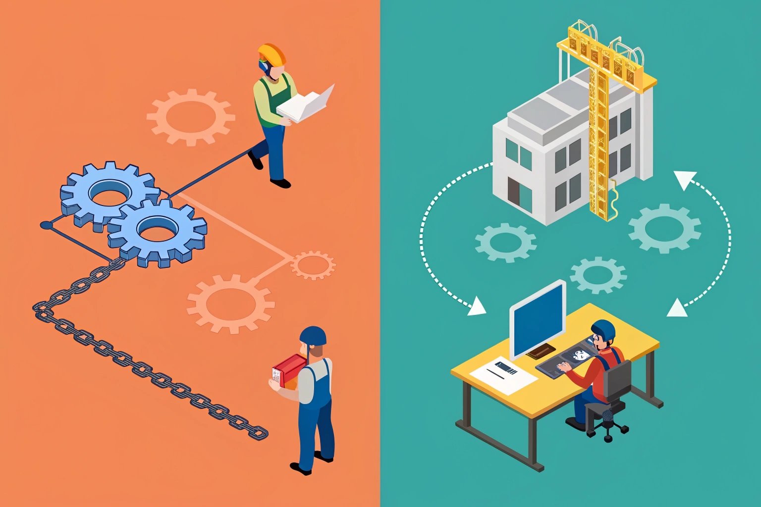 Isometric illustration of construction and engineering concepts