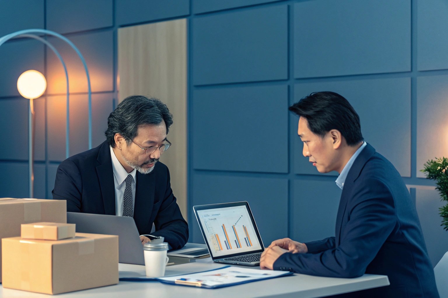 Two business professionals discussing graphs in dimly lit office