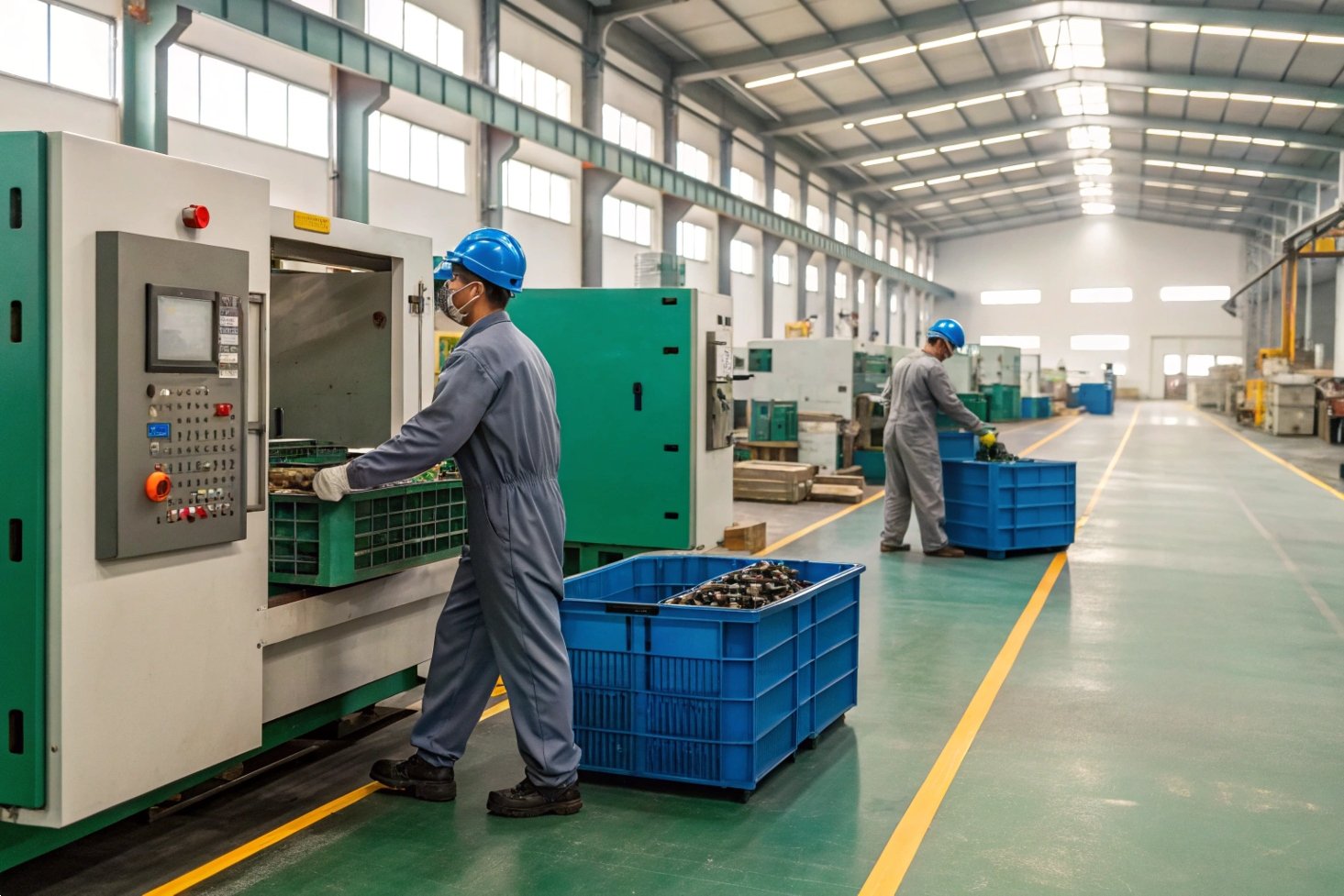 Factory workers handling machinery components