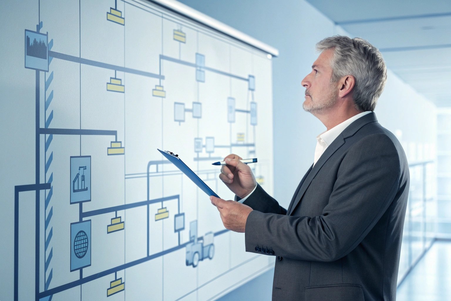Profissional analisando fluxograma em uma parede, com prancheta e lápis na mão.