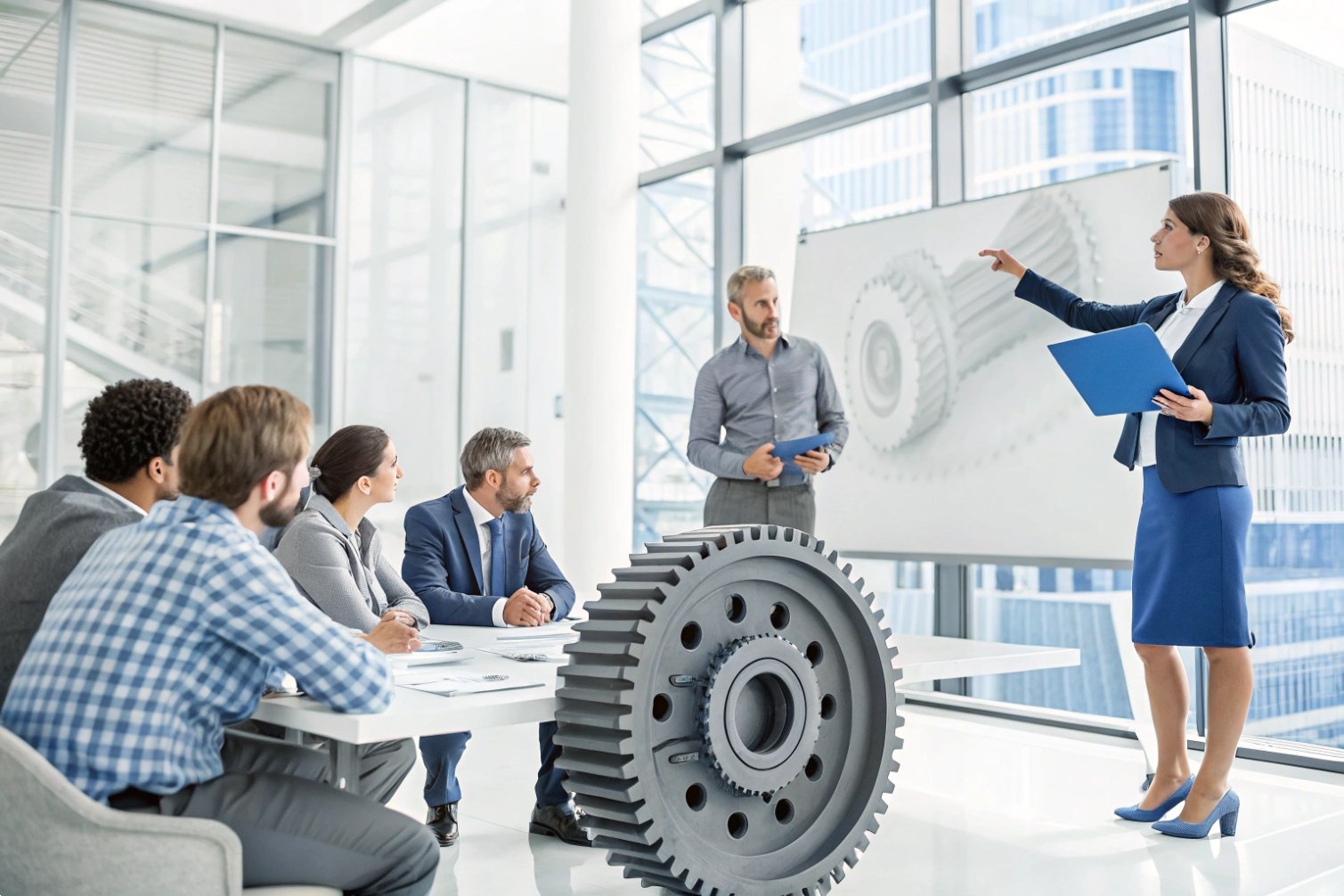 Business professionals in meeting discussing industrial gear designs.