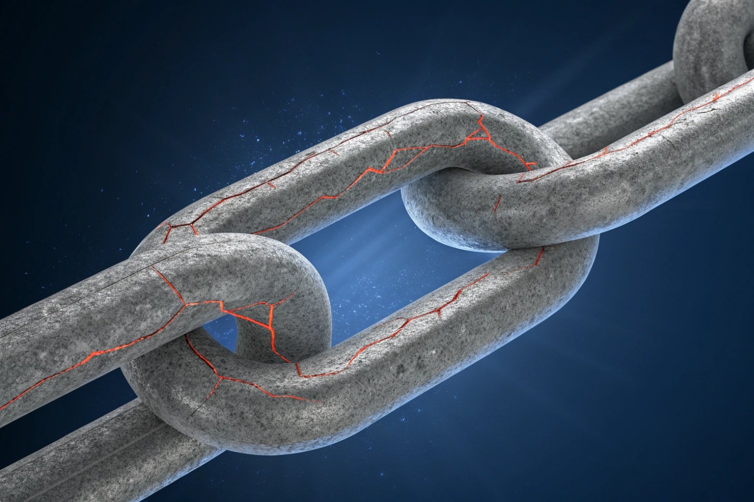 Elo de corrente de metal ilustrando rachaduras de tensão sob carga.