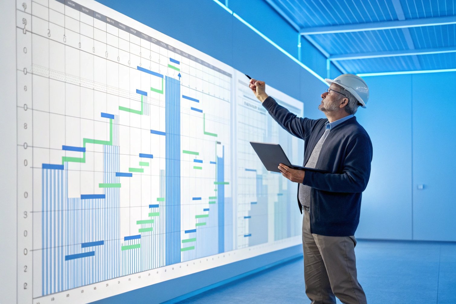 Professional analyzing project timeline on large display.