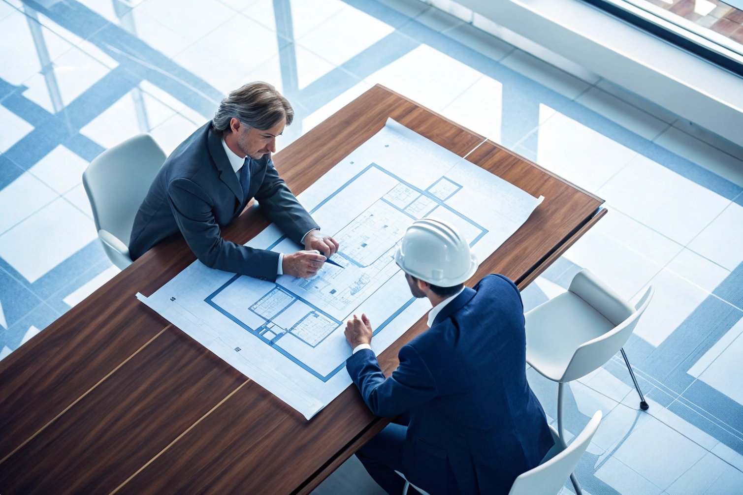 Arquitectos discutiendo planos arquitectónicos en un escritorio de oficina.