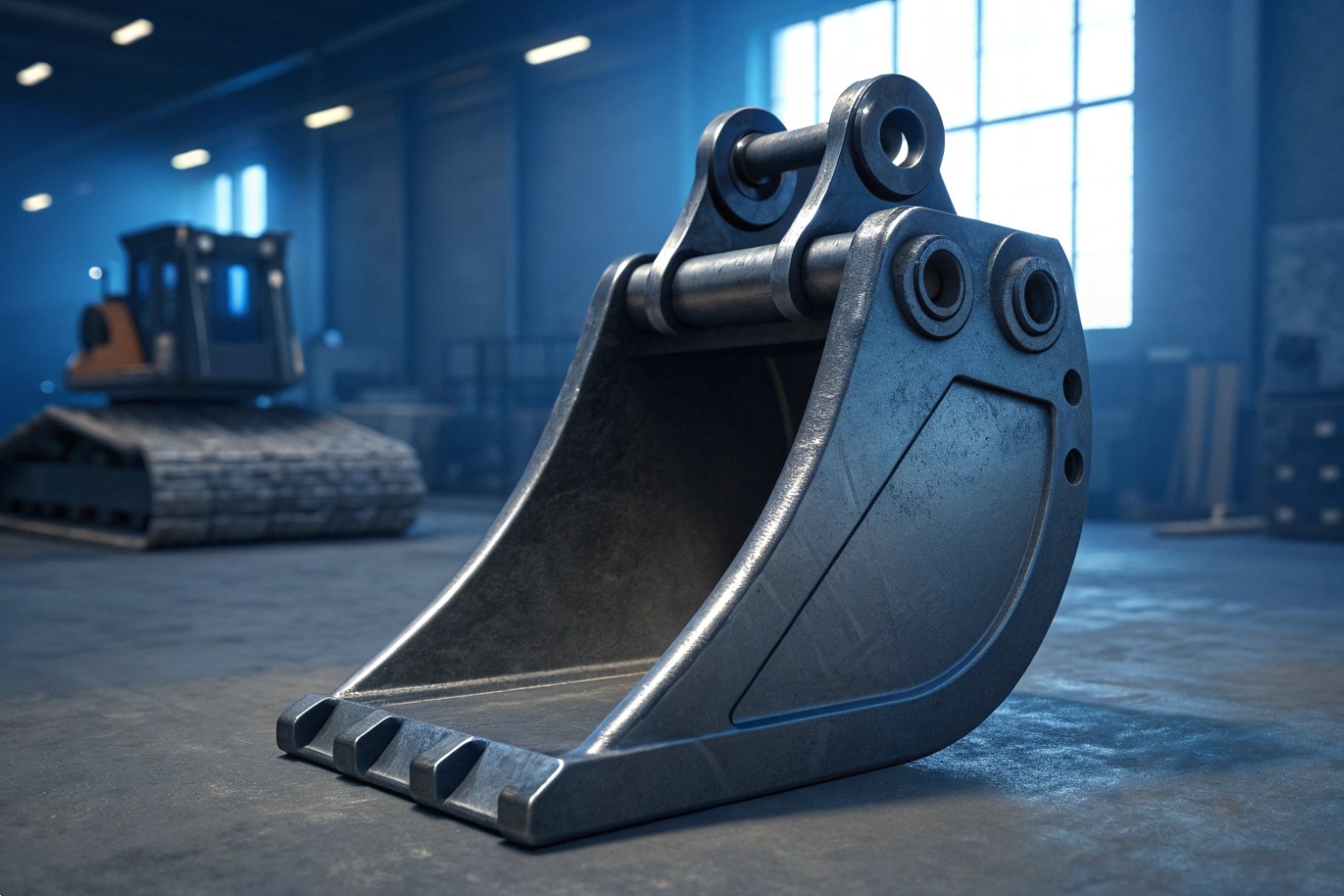 Excavator bucket showcasing industrial design features.