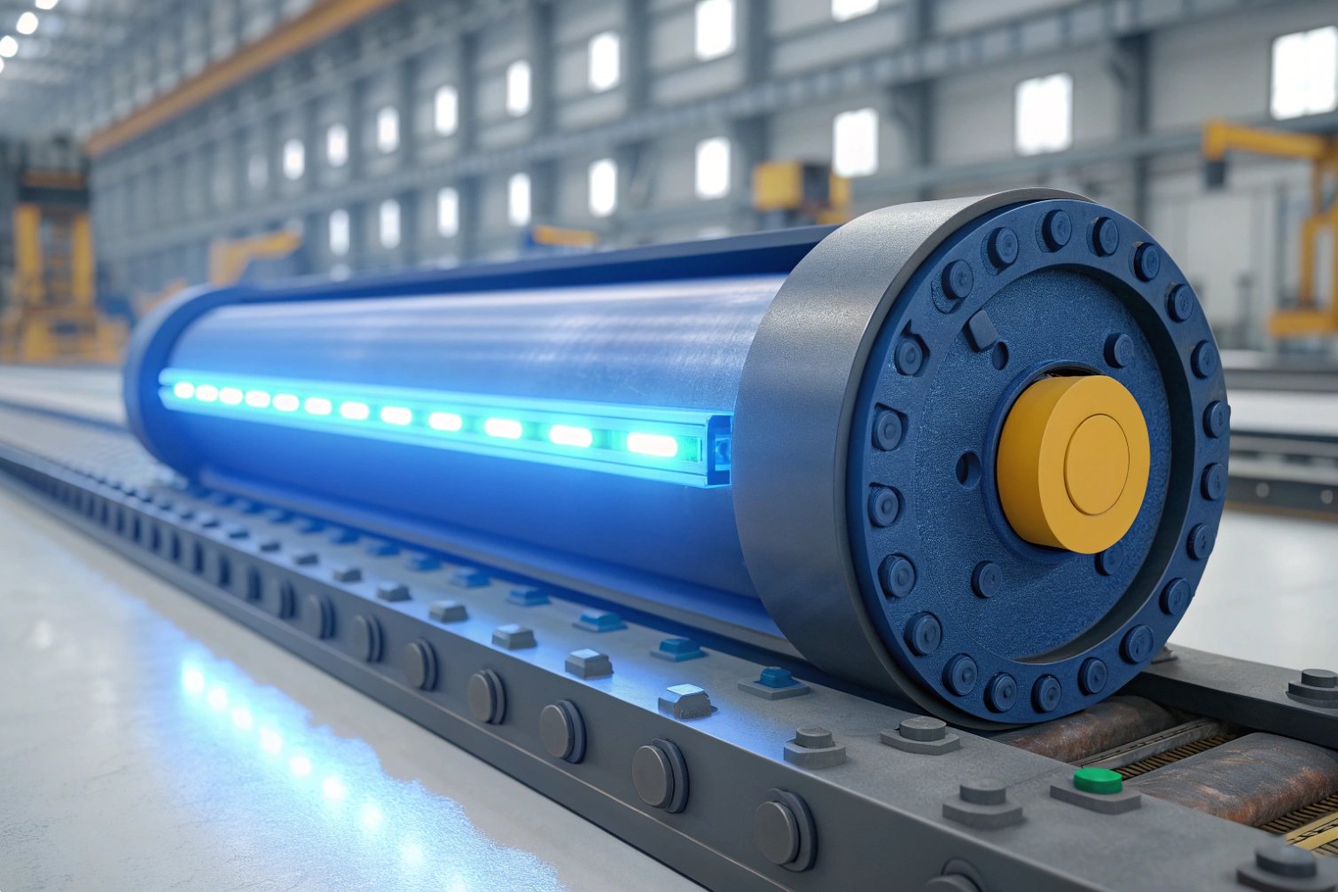 Sleek industrial roller conveyor in modern warehouse