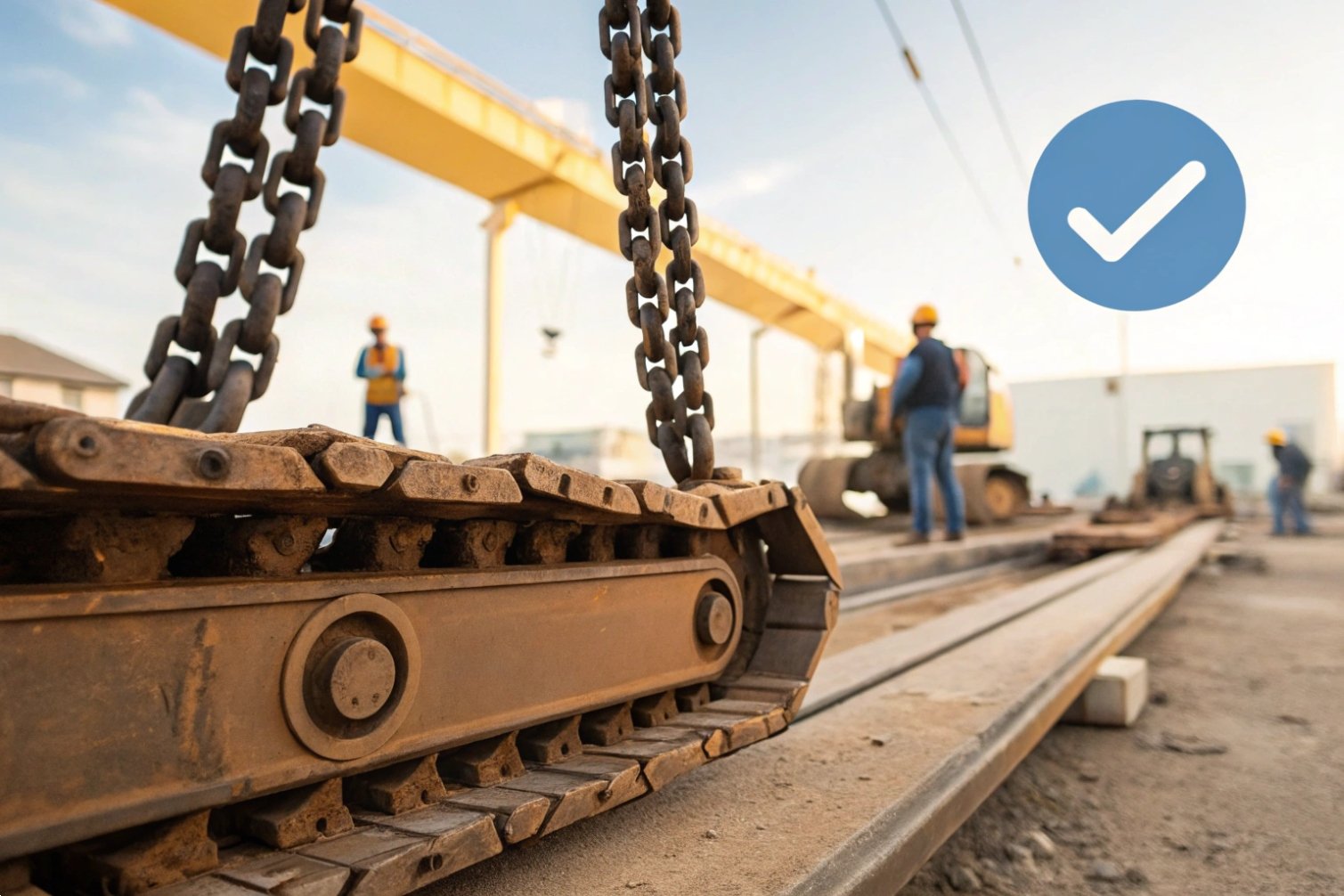 Heavy machinery on construction site, yellow crane, blue checkmark symbol. Workers in background.