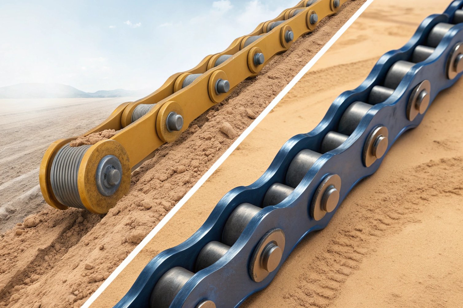 Yellow and blue chains in sand. Split image showing desert landscape.