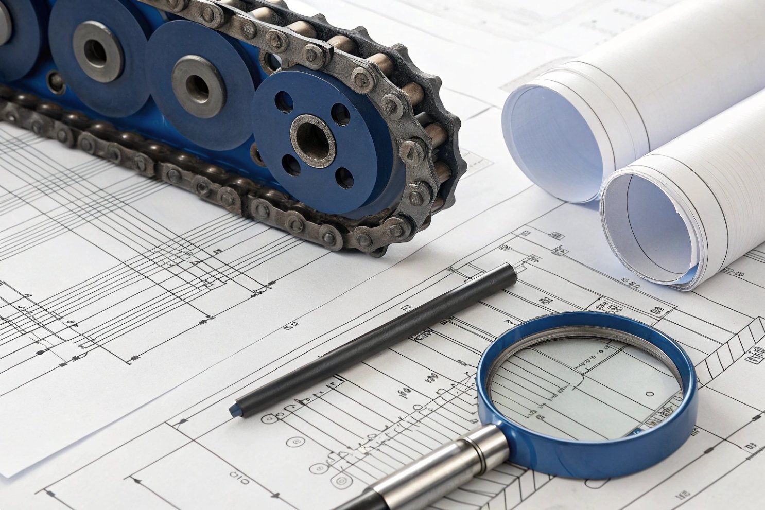 Roller chain, sprockets, magnifying glass, and technical drawings for engineering planning