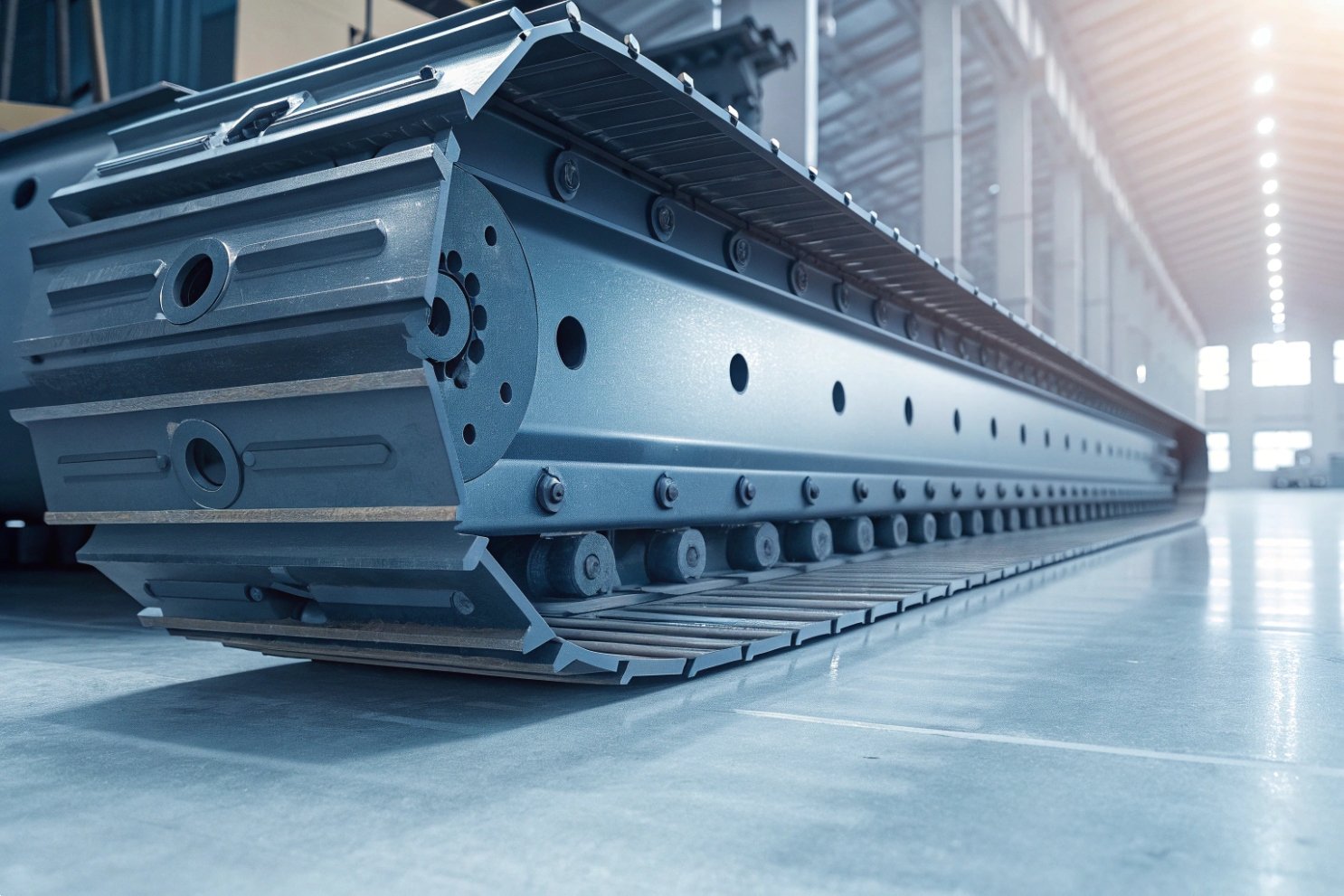 Close-up of a heavy machinery track frame and undercarriage in a large bright factory