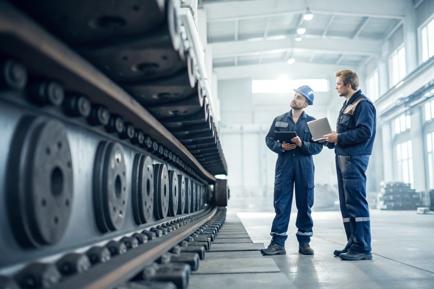 Two engineers inspecting heavy machinery tracks with a laptop in a modern industrial factory.