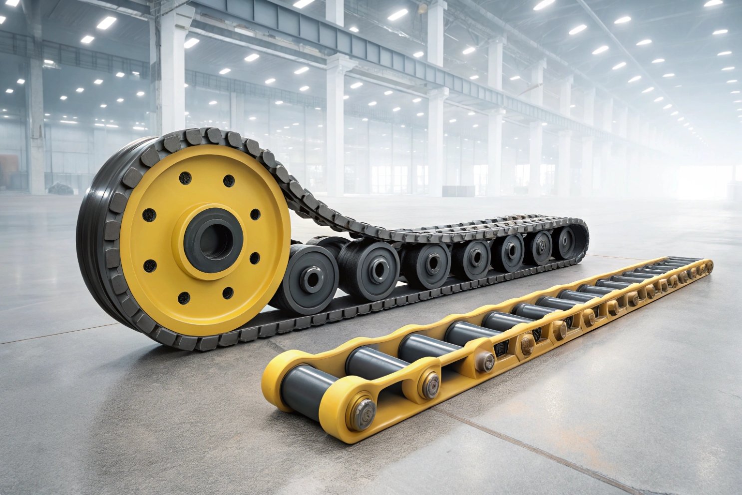 Industrial heavy-duty track chain assembly and sprocket in a modern manufacturing facility.