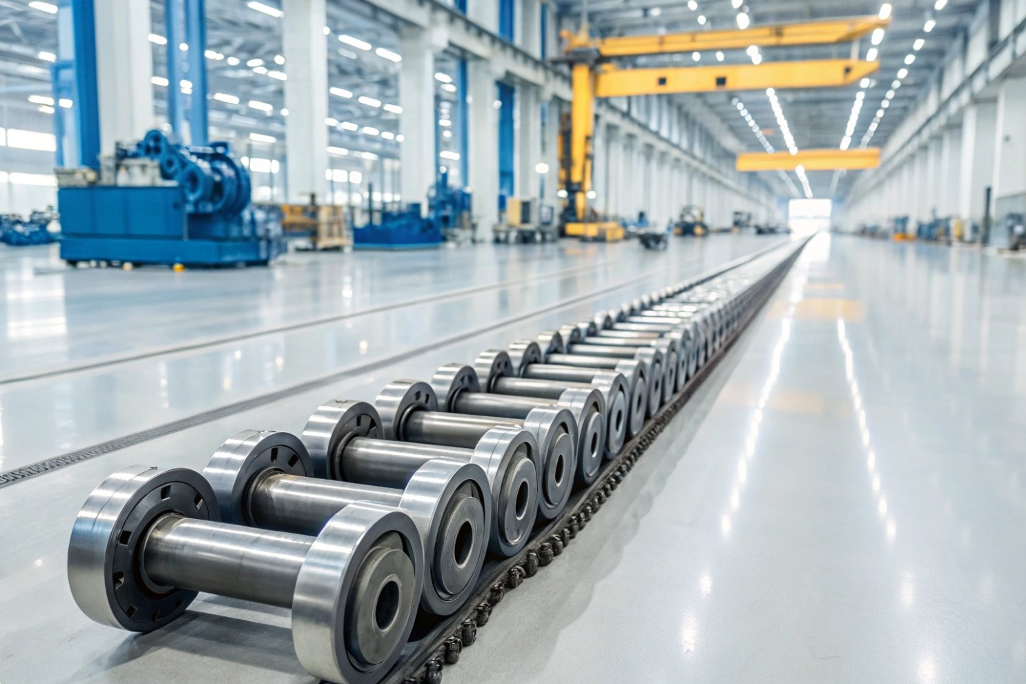 Industrial heavy-duty track chain assembly and sprocket in a modern manufacturing facility.