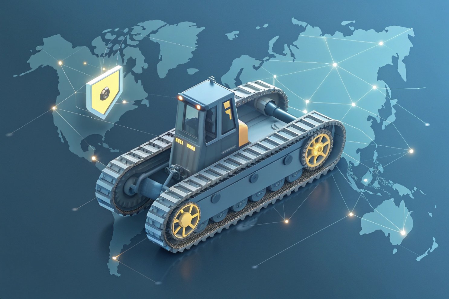 Abstract 3D bulldozer model on a global network map representing international heavy equipment logistics.