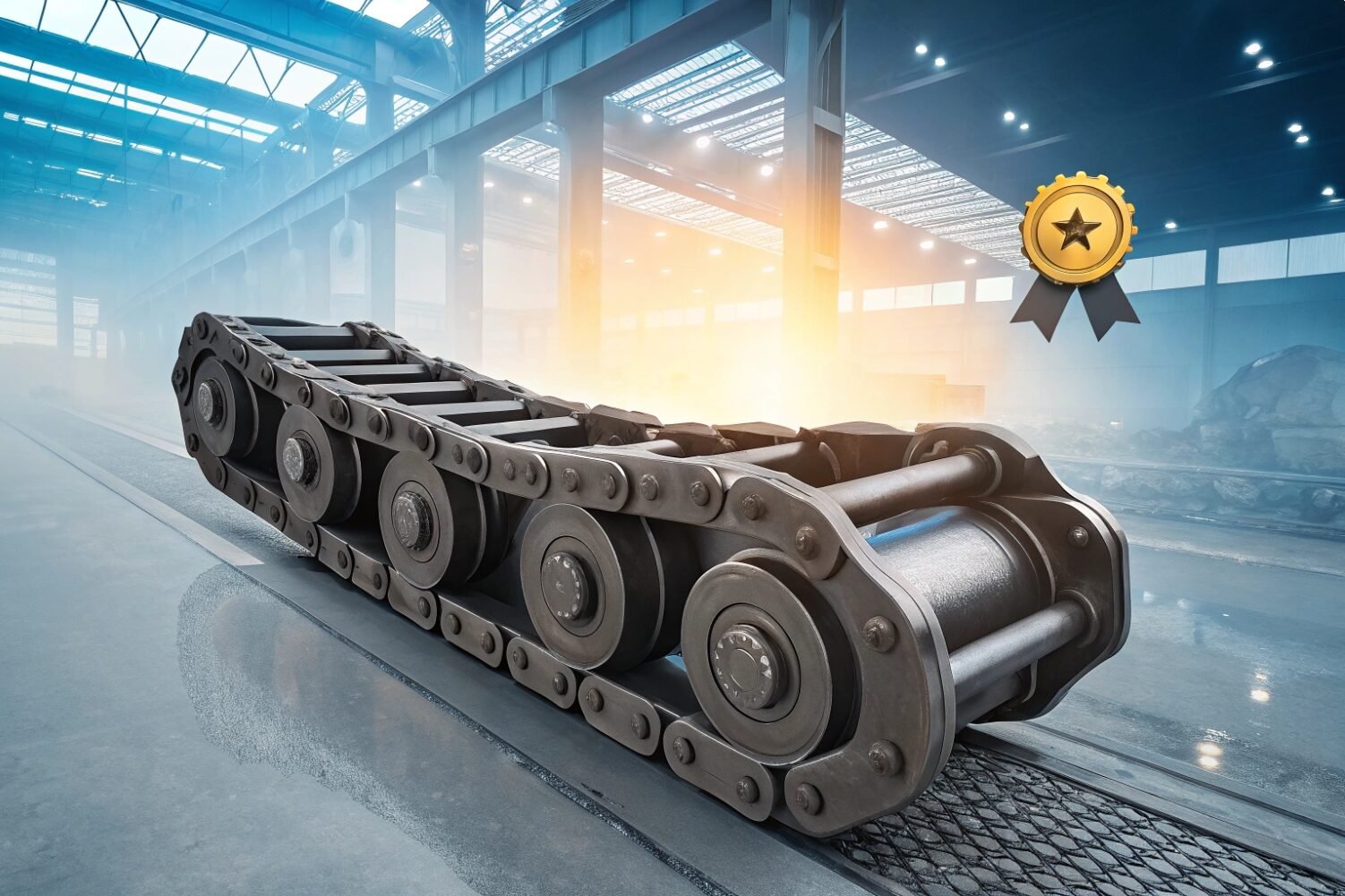 Heavy duty industrial crawler track assembly in a factory warehouse setting