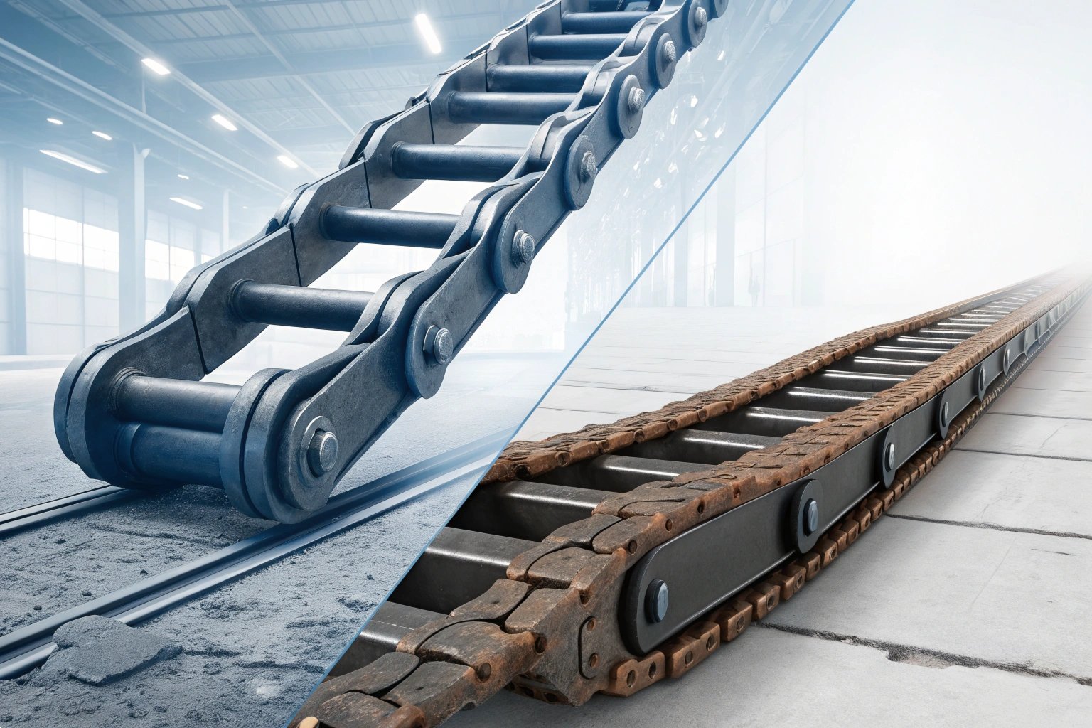 Heavy duty industrial conveyor chain and machinery components in a modern production facility
