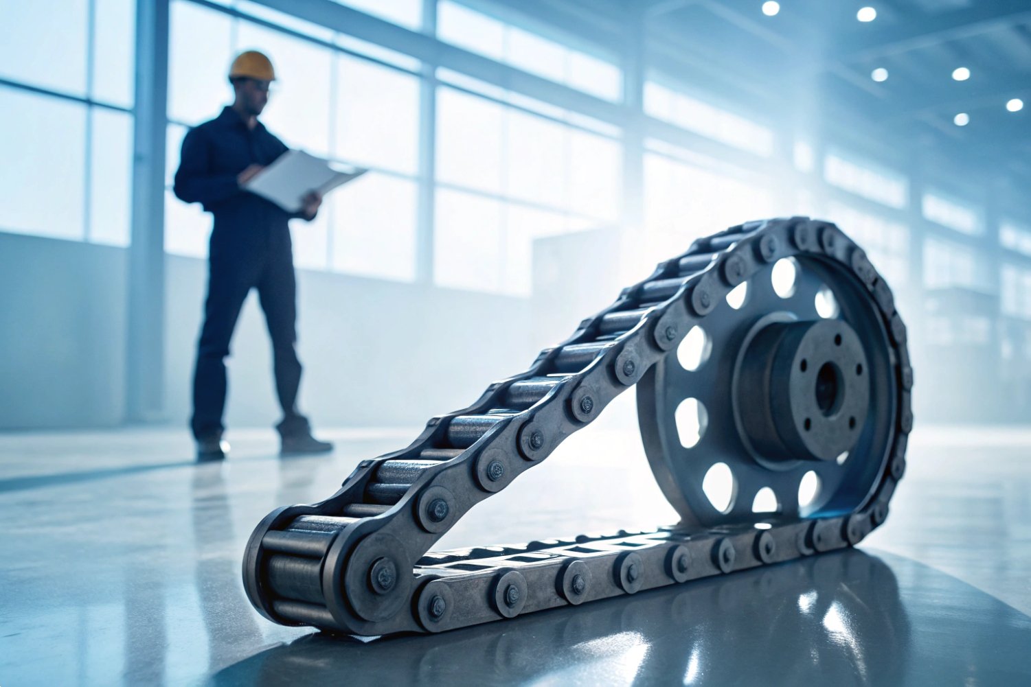 Industrial heavy machinery drive chain with engineer working in modern manufacturing plant floor