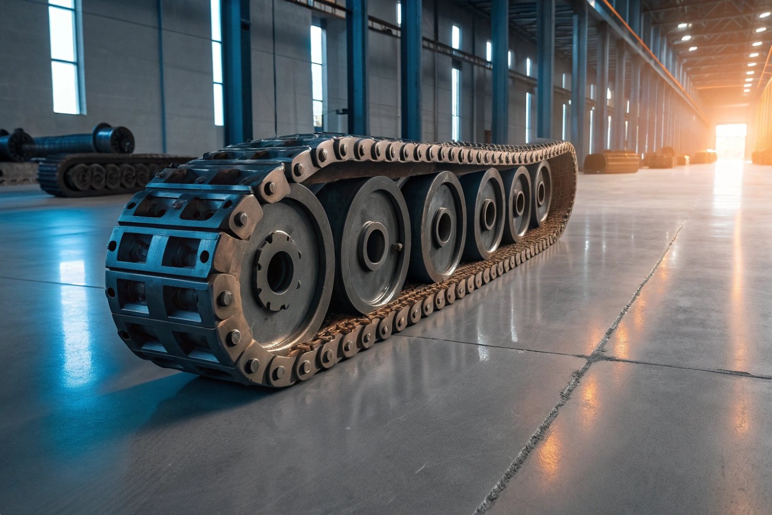 Heavy-duty industrial crawler track assembly for construction machinery on a factory warehouse floor