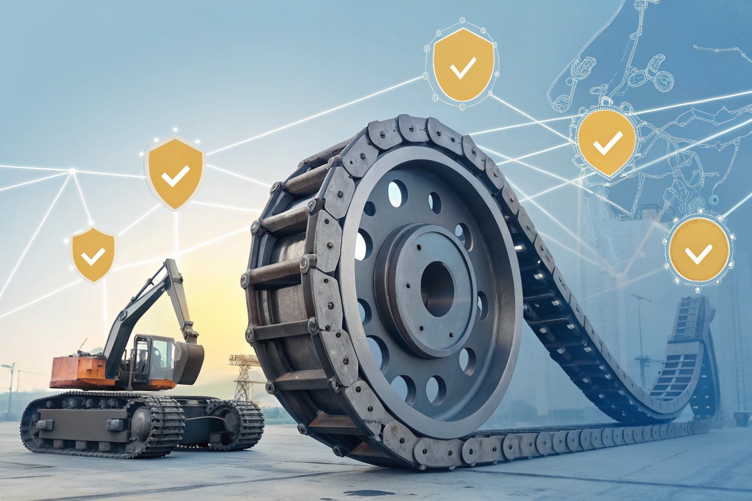 Industrial excavator with heavy-duty track system and digital security authentication icons