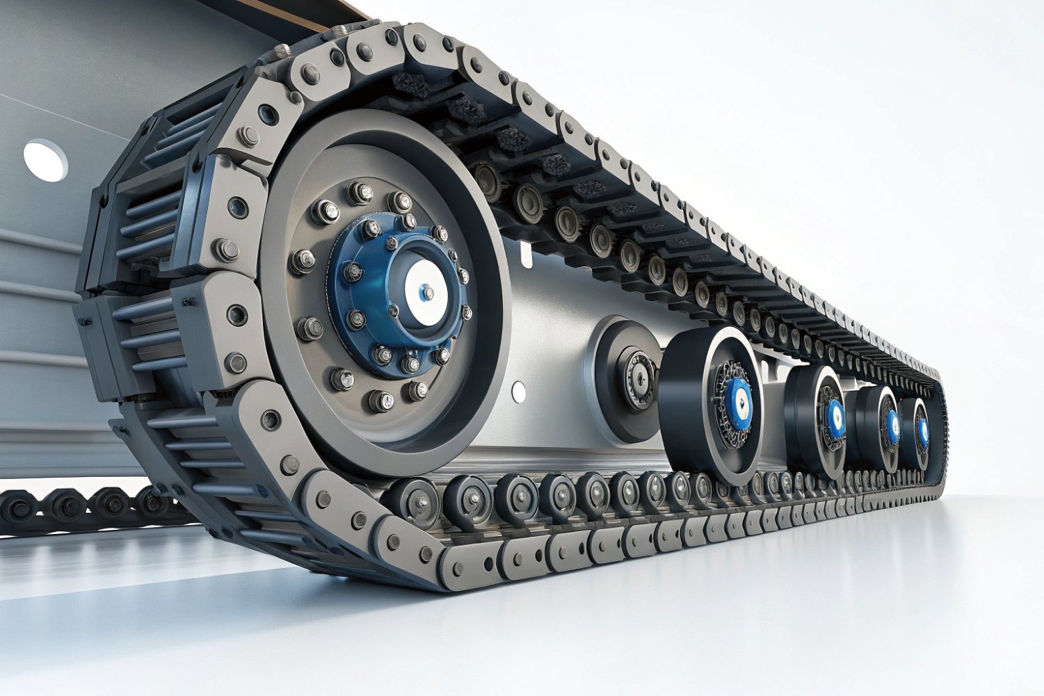 Professional 3D render of a heavy machinery crawler track system for industrial vehicles.