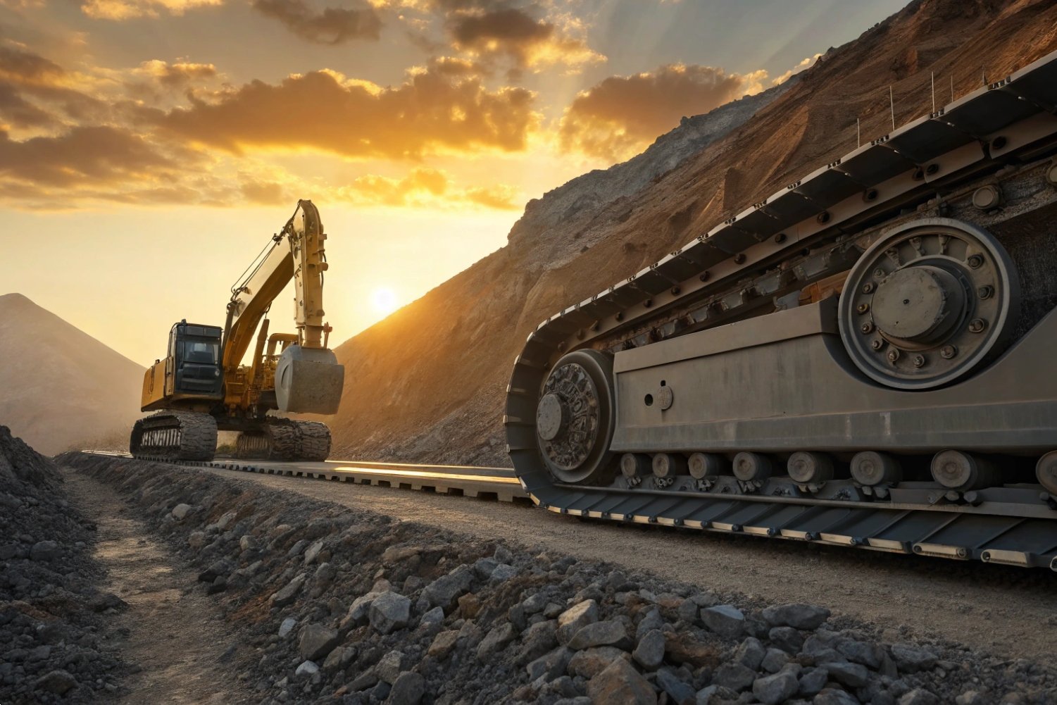 Excavator on construction site at sunset with heavy-duty crawler tracks.